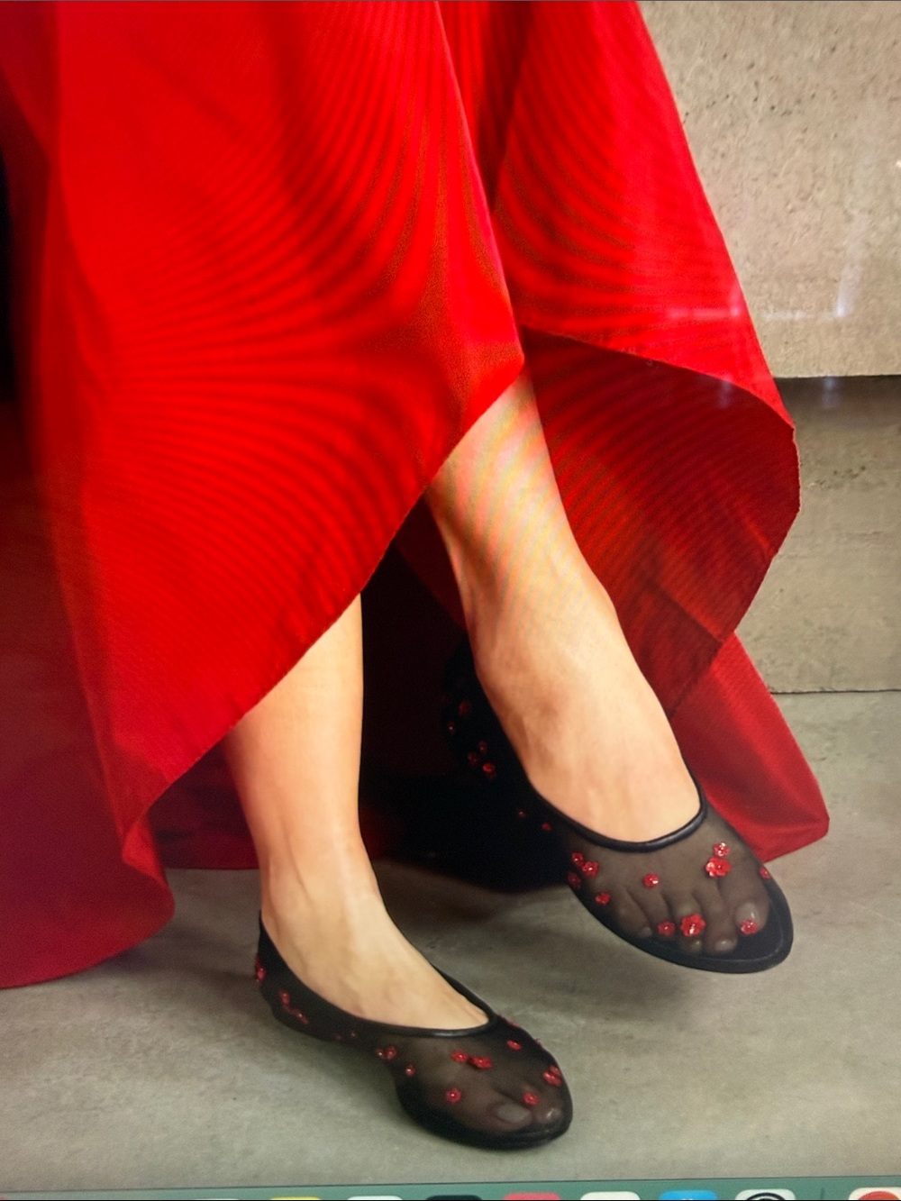 NWT STAUD Alba Black Mesh Ballet Flats with Red Floral Embellishments